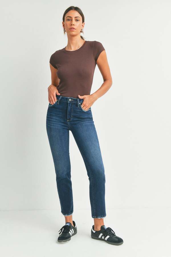 Slim Straight w/Distressed Hem - Dark Wash