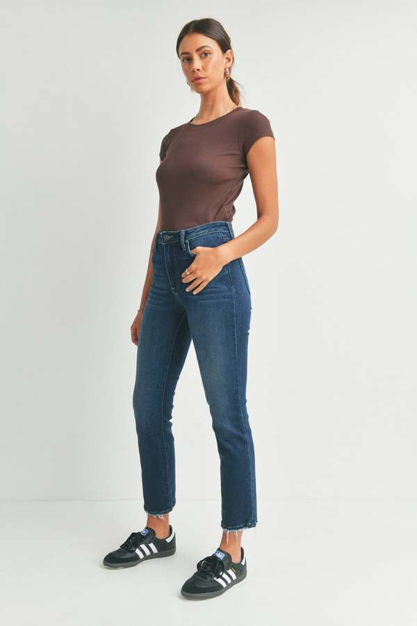 Slim Straight w/Distressed Hem - Dark Wash