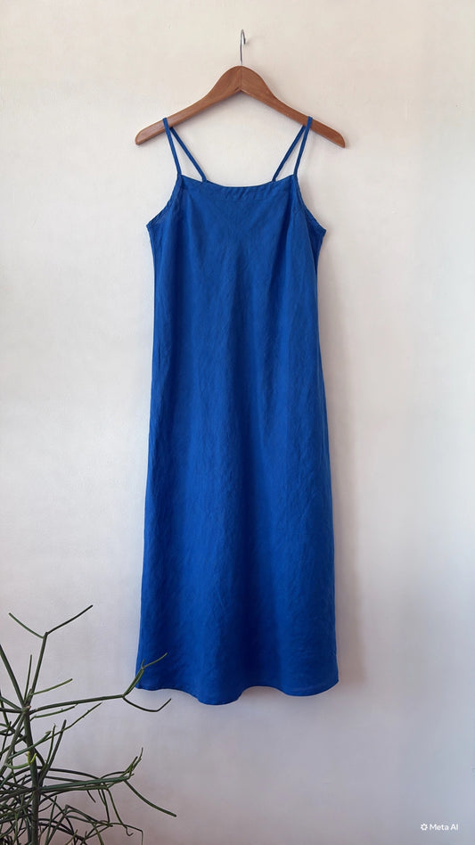 Linen Bias Cut Slip Dress - Cobalt Blue